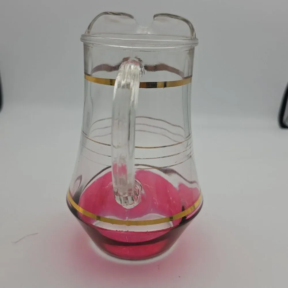 Vintage MCM Glass Pitcher Cranberry Iridescent Gold Rings Flat Pitcher Ice Lip